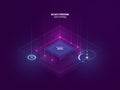 Isometric neon banner of digital technology, big data processing, server room, future of tech, lighting element, line of