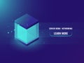 Isometric neon big data storage block concept, abstract technology banner, shining cube box, blockchain vector