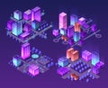 Isometric neon city set of violet colors