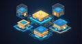 Isometric network of interconnected cubes with golden central node and security symbol in futuristic blue and orange color scheme Royalty Free Stock Photo
