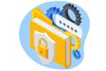 Isometric Network security, Database secure and personal data protection. Cybersecurity malware security program