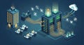 Isometric of a networked server room with connected offices and cloud computing cables Royalty Free Stock Photo