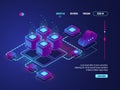 Isometric networking conncetion, internet network topology concept, server room, data center and database icon