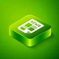 Isometric News icon isolated on green background. Newspaper sign. Mass media symbol. Green square button. Vector