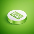 Isometric News icon isolated on green background. Newspaper sign. Mass media symbol. White circle button. Vector