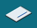 Isometric notebook with lined paper and pencil. Flat stationary copybook for writing text. Isometry open office book with spiral