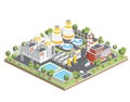 Isometric Nuclear Power Plant. Clean Energy. Generate Electricity. Exterior View of Nuclear Reactor