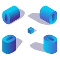 Isometric number 0 or letter o in blue color with shadows in various views