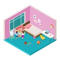 Isometric nursery. Two girls are playing with big dolls house. Vector happy childhood concept