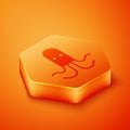 Isometric Octopus icon isolated on orange background. Orange hexagon button. Vector