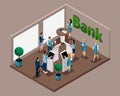 Isometric office of the bank, bank employees serve customers, electronic queue, ATMs, cash withdrawals, electronic payments