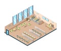 Isometric office. Big corporate open working area building interior cabinets with tables chairs and equipment for