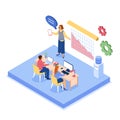 Isometric office. Business people infographics. Teamwork place structure. Corporate departments division. Woman standing