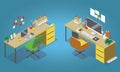 Isometric office concept vector illustration. Workplaces interior set Royalty Free Stock Photo