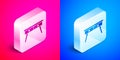 Isometric Office desk icon isolated on pink and blue background. Silver square button. Vector Royalty Free Stock Photo
