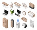 Isometric office elements. Cabinet furniture and work equipments. Gadgets, sofa and shelves, wooden desk and chairs