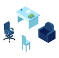 Isometric office furniture set with desk, chairs, and sofa. Blue office interior elements vector illustration. Modern Royalty Free Stock Photo