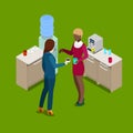 Isometric Office Kitchen. Business People Drinking Coffee. Vector