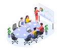 Isometric office meeting, business team in conference room. Businesswoman giving presentation, discussing new projects Royalty Free Stock Photo