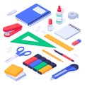 Isometric office supplies. School stationery tools, pencil eraser and pens 3d vector set Royalty Free Stock Photo