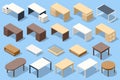Isometric office table, white empty table, furniture for office and business start-up icons vector set