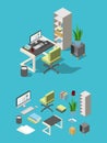 Isometric office workspace with different furniture and elements. Table, chair and computer, lamp and flowers Royalty Free Stock Photo