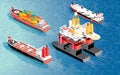 Isometric Oil Rig, Cargo Ship Container, LNG Carrier Ship and Oil Tanker