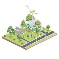 Isometric Old House with Solar Panels and Wind Turbine in Suburb. Eco Friendly House. Infographic Element. City Architecture Royalty Free Stock Photo