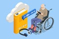 Isometric old man, pensioner in headphones listening to audiobook. Modern interface for e-books. UI, UX and GUI Screens