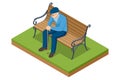 Isometric old man sitting on a bench in the park. Leisure activity, retirement. Grandfather resting in park, fresh air