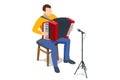Isometric old red accordion. Accordionist performance during jazz live music show concert
