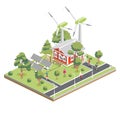 Isometric old red house with solar panels and wind turbines in suburb. Eco friendly house. Infographic element. City architecture Royalty Free Stock Photo