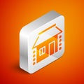 Isometric Old Ukrainian house hut icon isolated on orange background. Traditional village house. Silver square button