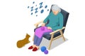 Isometric old woman knits. Granny knitting in her armchair next to a cat playing with a ball of yarn. Hobbies