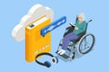 Isometric old woman, pensioner in headphones listening to audiobook. Modern interface for e-books. UI, UX and GUI