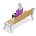 Isometric old woman sitting on a bench and resting , back view, Isolated on white background