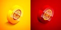 Isometric Old wooden wheel icon isolated on orange and red background. Circle button. Vector
