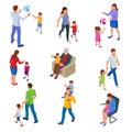 Isometric ollection of isolated isometric happy traditional families with children. grandfather, Father and son, mother