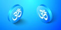 Isometric Om or Aum Indian sacred sound icon isolated on blue background. The symbol of the divine triad of Brahma