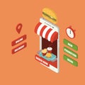 Isometric online burger delivery smartphone