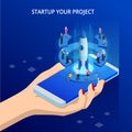 Isometric Online Businnes Start Up for web page, banner, presentation, social media concept. Income and Success. Vector