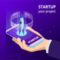 Isometric Online Businnes Start Up for web page, banner, presentation, social media concept. Income and Success. Vector