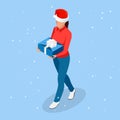 Isometric Online Christmas Shopping. Delivery woman in Santa Claus hat with Christmas present. Delivery man with boxes Royalty Free Stock Photo