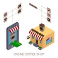 Isometric online coffee shop. Online order and delivery service