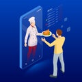 Isometric Online cooking classes concept. Online ordering food in a restaurant