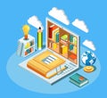 Isometric online education composition with laptop and books. Electronic library and cloud computing concept vector Royalty Free Stock Photo