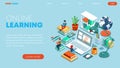 Isometric online education concept in modern flat design. Landing page template for training courses, tutorials, and lectures.
