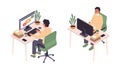 Isometric online education. Man sitting at computer, back and face view, personal workplace, distance learning, student