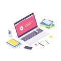 Isometric online education study and teaching concept, technology learn and book library flat design vector illustration