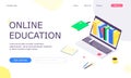 Isometric online education study web template concept, computer learn and book library flat design vector illustration